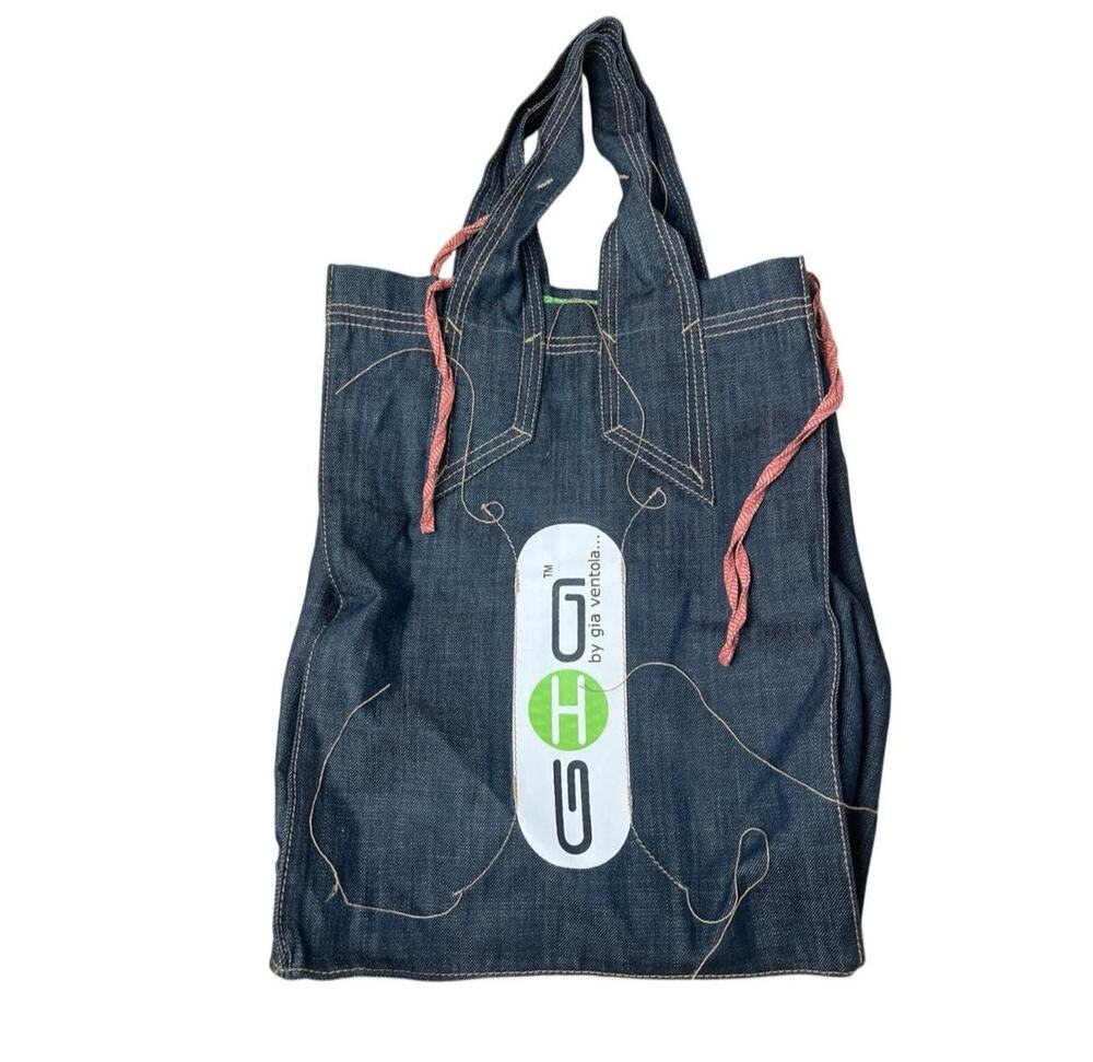G+O By Gia Ventola Tote Bag Womens Large Blue Denim Logo Tie Shoulder Travel